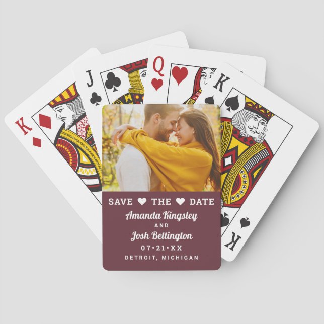 Save the Date Burgundy Custom Wedding Foto Spielkarten (Rückseite)