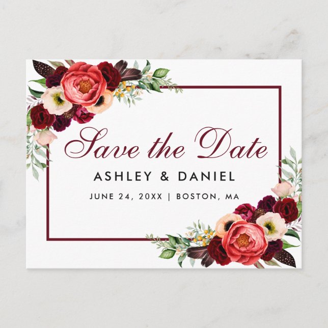 Save the Date Burgundy Floral Boho Ankündigungspostkarte (Vorderseite)