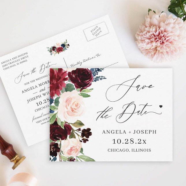 Save the Date Burgundy Maroon Blush Navy Floral Postkarte (Von Creator hochgeladen)