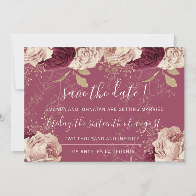 Save the Date Burgundy Rose Pink Roses Marsala (Vorderseite)