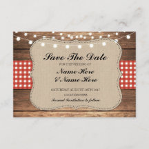 Save the Date Burlap Wood Rustic Red Karo Card