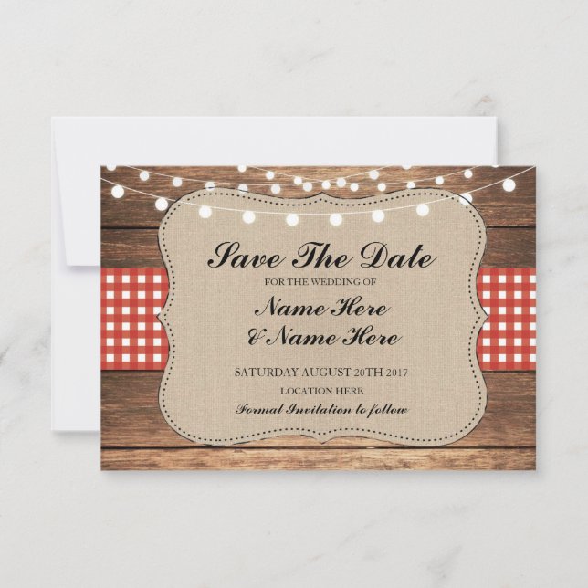 Save the Date Burlap Wood Rustic Red Karo Card (Vorderseite)