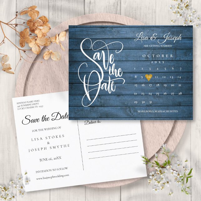 Save the Date Calendar Blue Rustic Holz Gold Herz Ankündigungspostkarte (Save the Date Calendar Blue Rustic Wood Gold Heart Announcement Postcard)