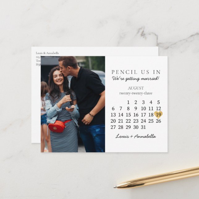 Save the Date Calendar Gold Heart August 2023 Postkarte (Vorderseite/Rückseite Beispiel)