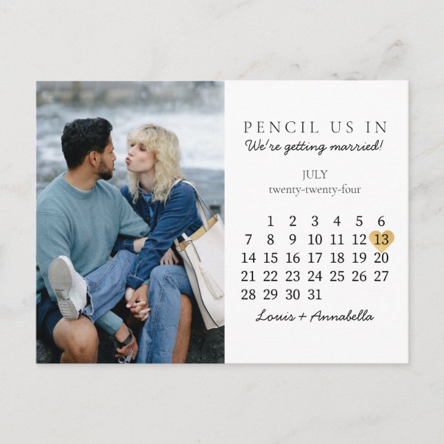 Save the Date Calendar Gold Heart Juli 2024 Karte (Vorderseite)