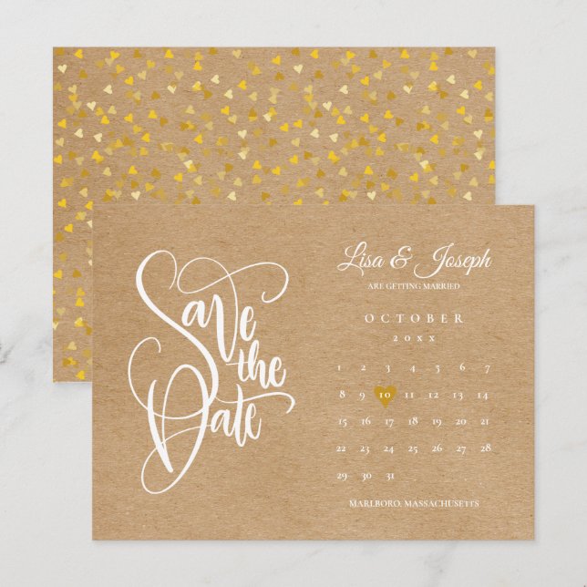 Save the Date Calendar Gold Heart Postkarte (Vorne/Hinten)