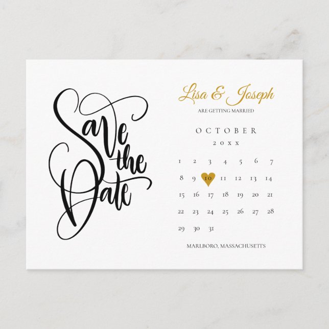 Save the Date Calendar Gold Heart QR Code Ankündigungspostkarte (Vorderseite)
