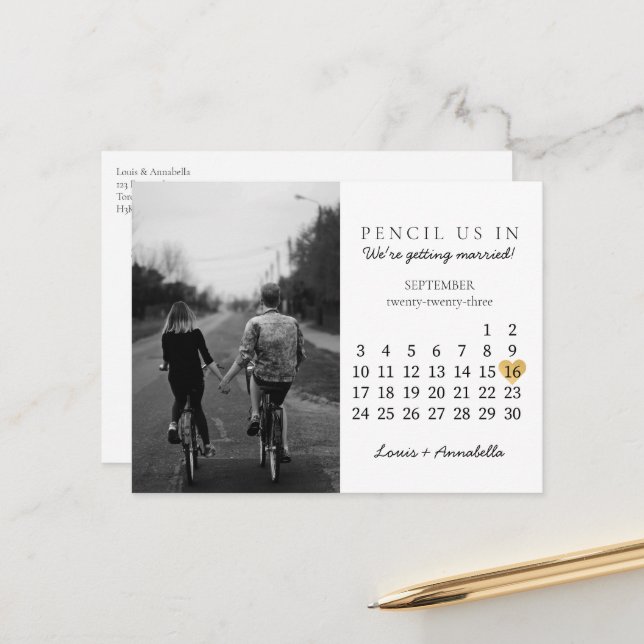 Save the Date Calendar Gold Heart September 2023 Postkarte (Vorderseite/Rückseite Beispiel)