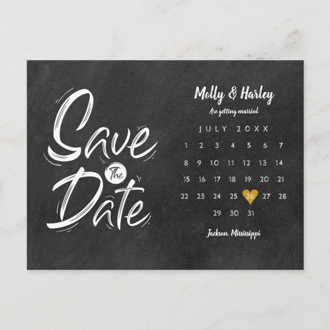 Save the Date Calendar Gold Liebe Herzklub Ankündigungspostkarte (Vorderseite)
