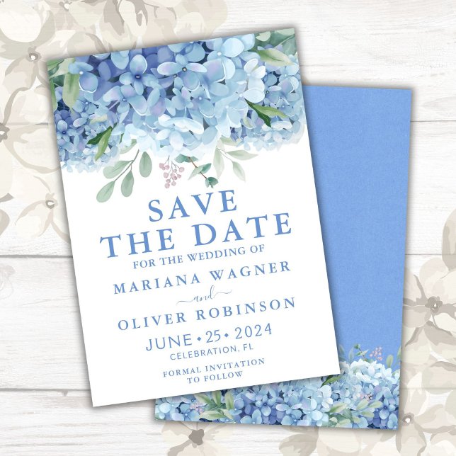 Save the Date Card Blue Hydrangeas Floral Wedding Einladung (Von Creator hochgeladen)