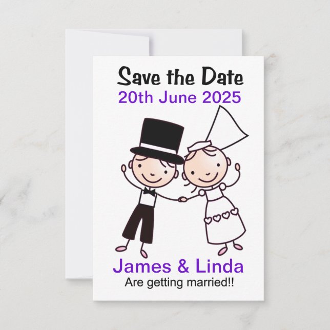 Save the Date Card Cartoon Couple Lilac (Vorderseite)