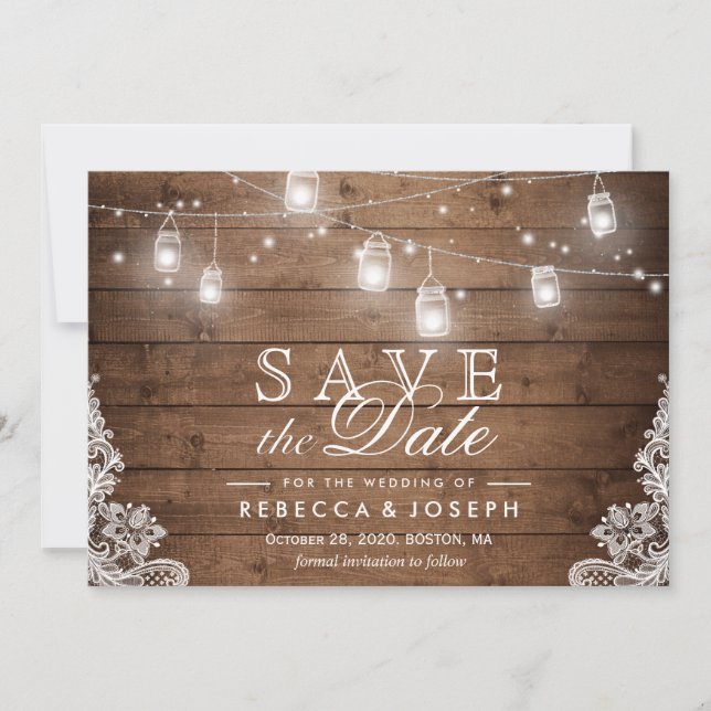 Save the Date Card Rustikaler Mason Jar String Lig (Vorderseite)