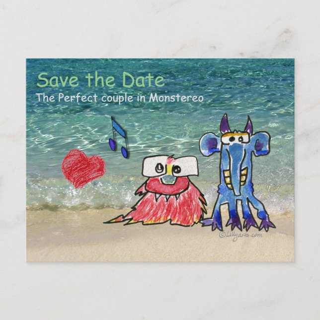 Save the Date Cartoon Duet Monstars Postkarte (Vorderseite)