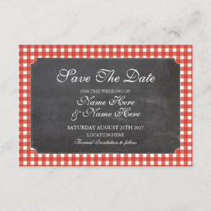 Save the Date Chalk Red Karo Rustic Wedding Card