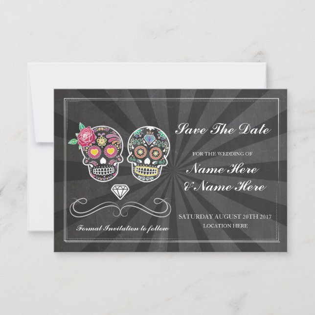Save the Date Chalk Rustic Sugar Skulls Card (Vorderseite)