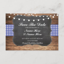 Save the Date Chalk Wood Rustic Blue Karo Card
