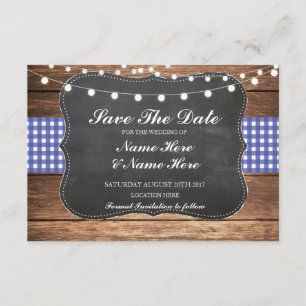 Save the Date Chalk Wood Rustic Blue Karo Card