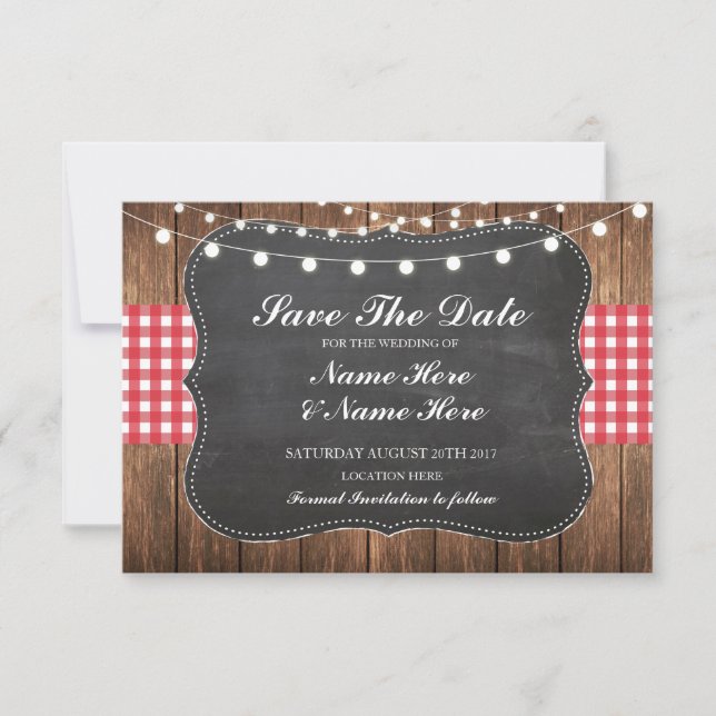 Save the Date Chalk Wood Rustic Red Karo Card (Vorderseite)