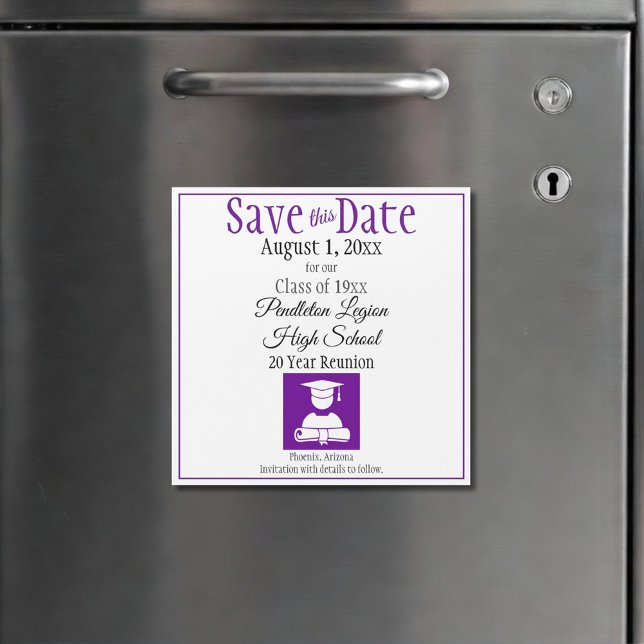 Save the Date Class Wiedersehen Lila Black Magnet (custom purple and white class reunion save the date magnet)