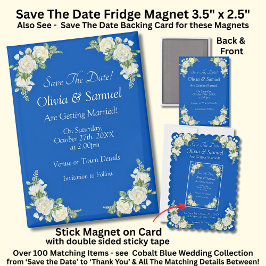 Save The Date, Cobalt Blue White 5" x 2.5" Fridge Magnet