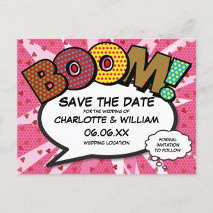 Save the Date Comic Buch BOOM Moderner rosa Spaß Ankündigungspostkarte