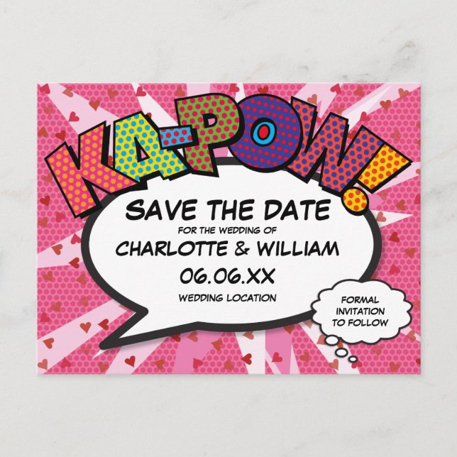 Save the Date Comic Buch KAPOW Moderner rosa Spaß Ankündigungspostkarte (Vorderseite)