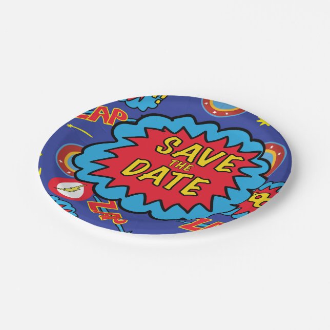 Save the Date Comic Heroes Pappteller (Schrägansicht)