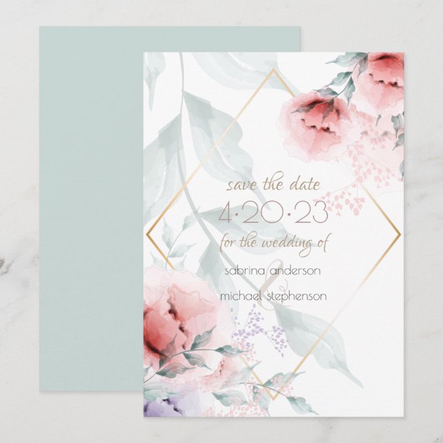 Save The Date | Coral/Lilac Aquarelle Peony (Vorne/Hinten)