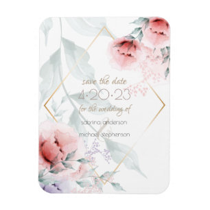 Save The Date Coral/Lilac Aquarelle Peony Magnet