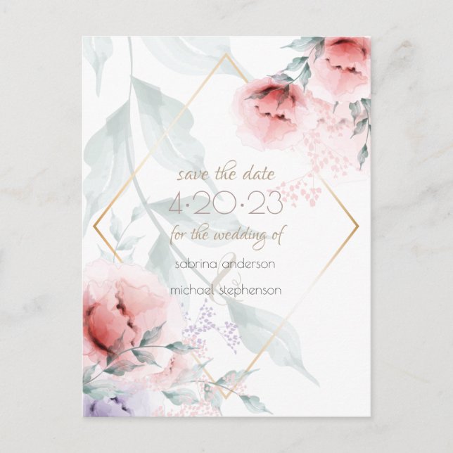 Save The Date | Coral/Lilac Aquarelle Peony Postkarte (Vorderseite)