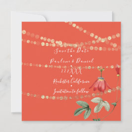 Save the Date Coral White Golden String Floral