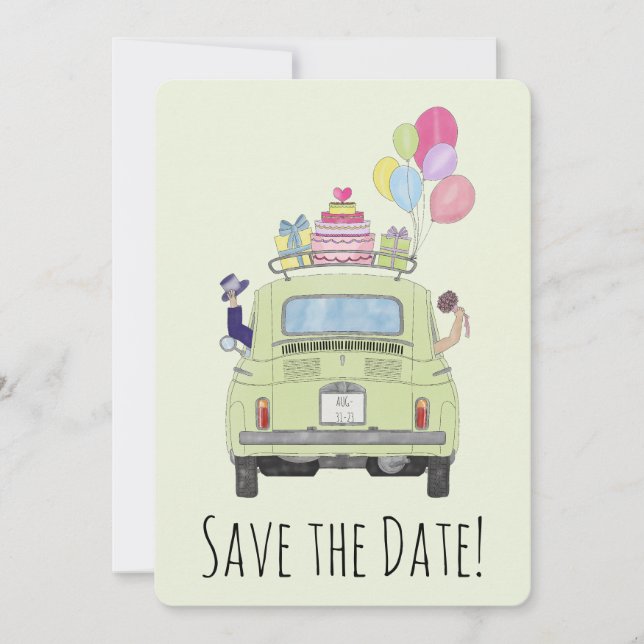 Save the Date Couple in Fiat 500. Einladung (Vorderseite)
