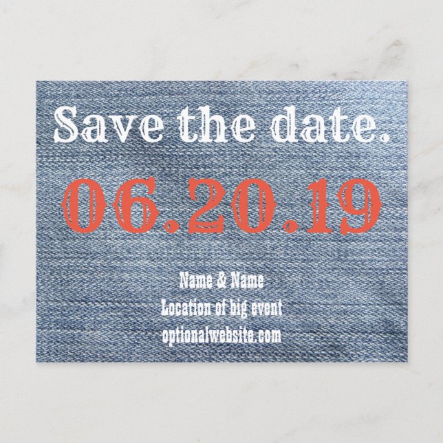 Save the Date. Cowboy-Denim Ankündigungspostkarte (Vorderseite)