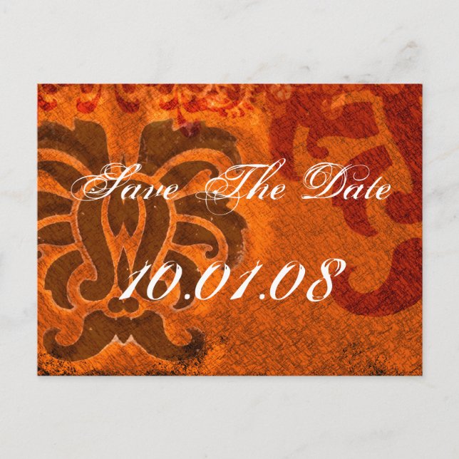 Save the Date - Damask - Orange und Braun Ankündigungspostkarte (Vorderseite)