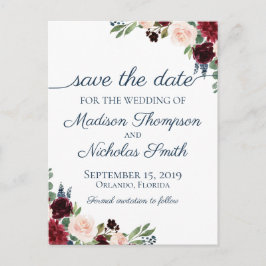 Save the Date der Marine und der Marsala Floral Postkarte