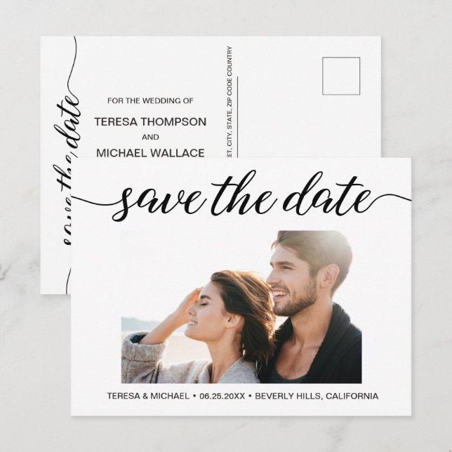 Save the Date der Verlobung für elegantes Skript-F Postkarte (Vorne/Hinten)