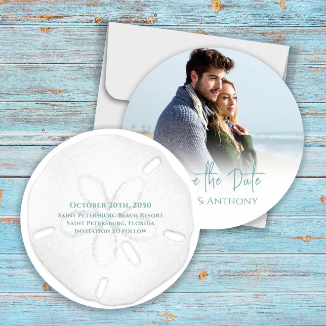 Save the Date Destination Beach Hochzeit (Wedding destination Save the Date photo circle beach template. )