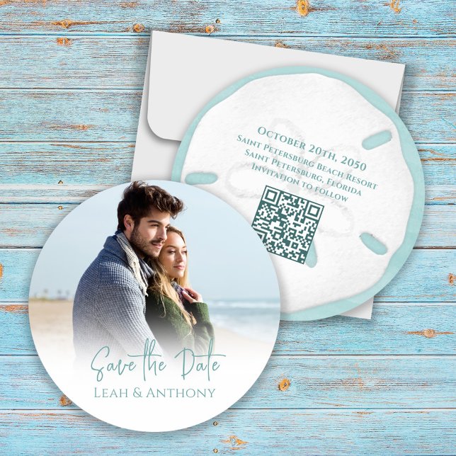 Save the Date Destination Beach Hochzeit (Wedding destination Save the Date photo circle beach template. With Scannable QR Code. )
