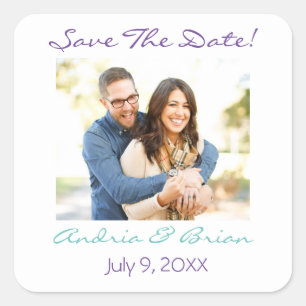 Save the Date, DIY Foto & Names Aquamarin Weiß Lil Quadratischer Aufkleber