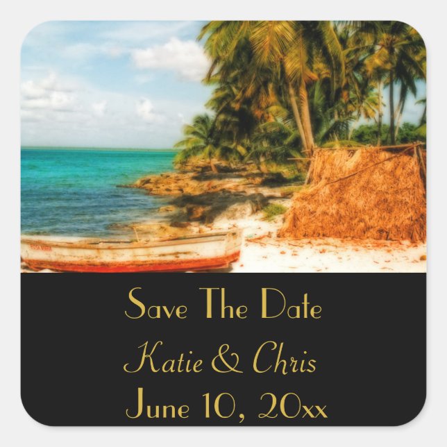 Save the Date Dreamy Tropical Beach mit Rowboat Quadratischer Aufkleber (Vorderseite)