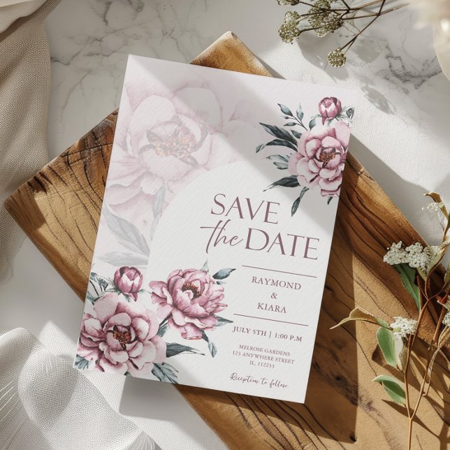Save the Date Dusky Pink Peony Wedding (save the date modern vintage dusty pink peony invitation card)