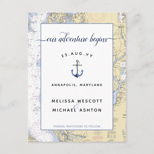 Save the Date Dusty Blue Authentic Nautical Chart Ankündigungspostkarte (Vorderseite)