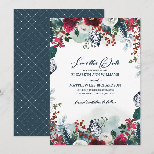 Save The Date. Dusty Blue | Burgundy Bloom Wedding Einladung (Vorne/Hinten)
