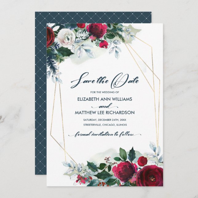 Save The Date. Dusty Blue | Burgundy Bloom Wedding Einladung (Vorne/Hinten)