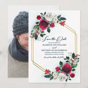 Save The Date. Dusty Blue Burgundy Wedding Foto Einladung