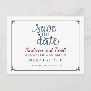 "Save the Date" - Dusty Blue & Dark Red Ankündigungspostkarte