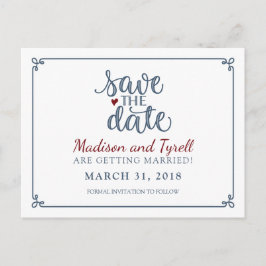 "Save the Date" - Dusty Blue & Dark Red Ankündigungspostkarte