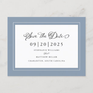Save The Date   Dusty Blue Wedding Elegantes Scrip Ankündigungspostkarte