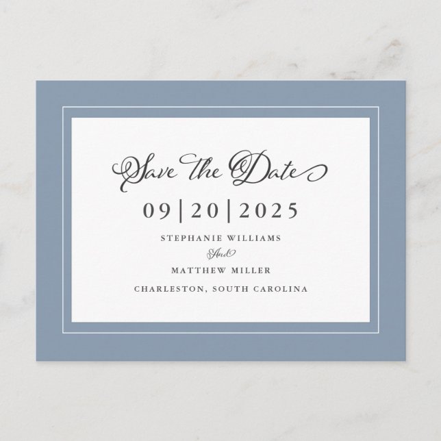 Save The Date | Dusty Blue Wedding Elegantes Scrip Ankündigungspostkarte (Vorderseite)