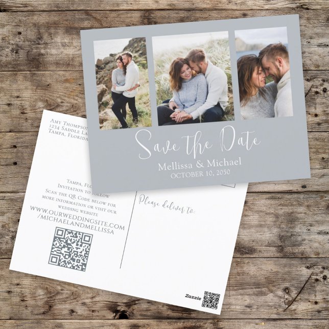 Save the Date Dusty Blue Wedding Foto QR Code Postkarte (Von Creator hochgeladen)